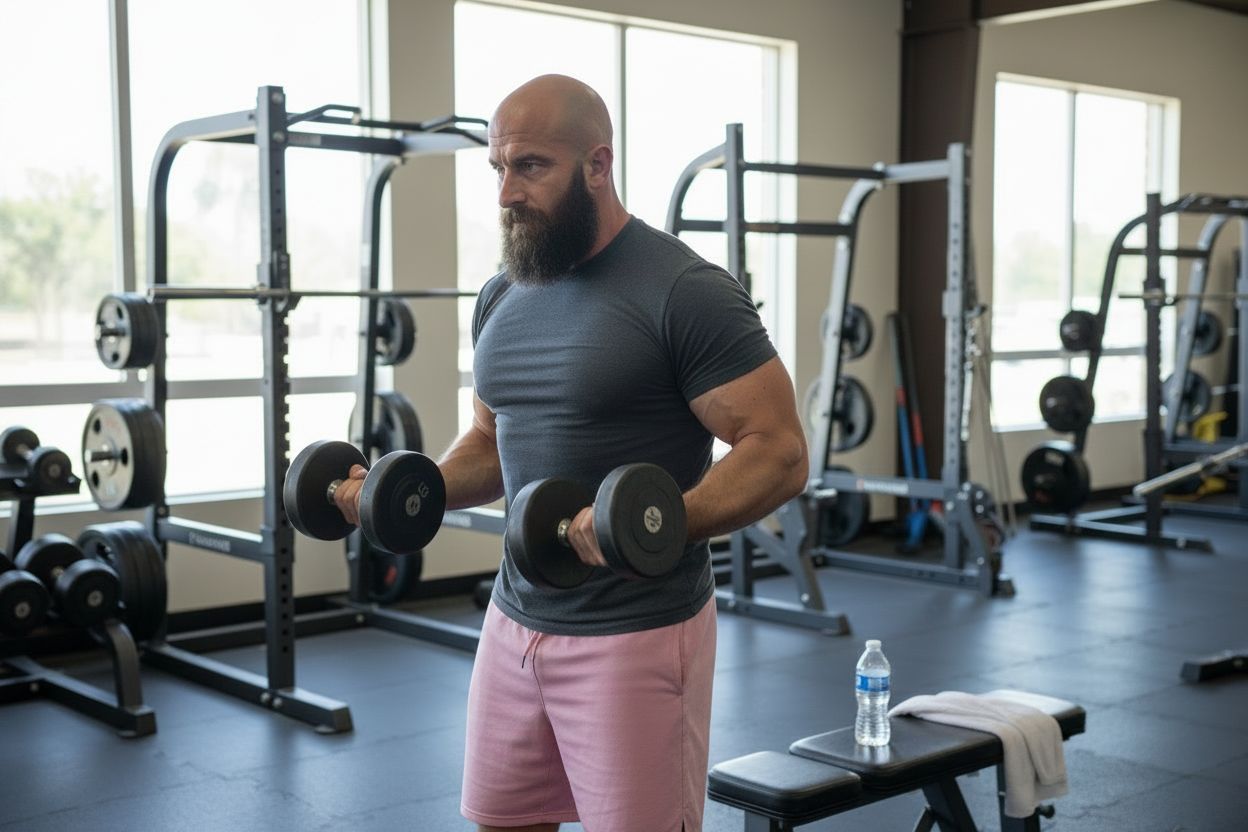 Magnus training in the gym — bald, bearded and heavily built, working through a set