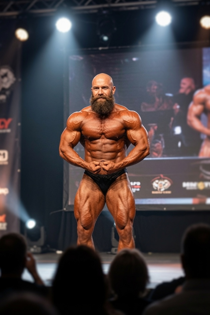 Magnus on the bodybuilding stage in competition condition, mid-pose