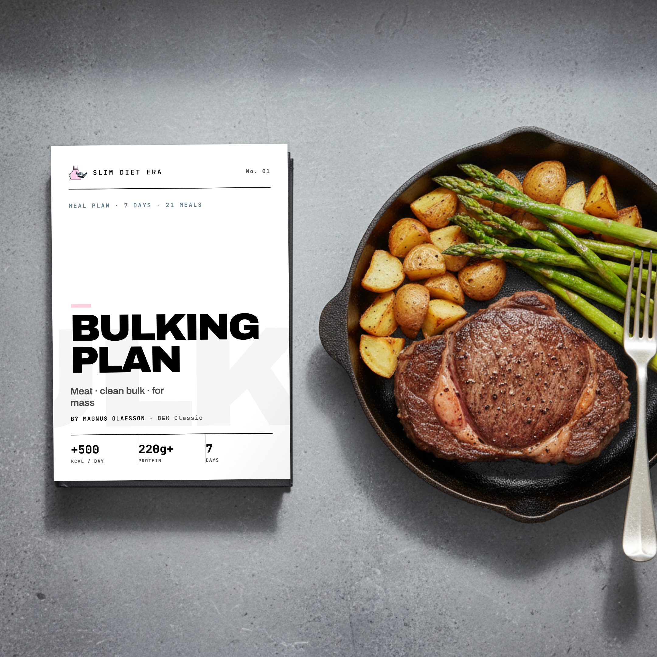 The Slim Diet Era bulking meal-plan booklet beside a loaded high-calorie dinner