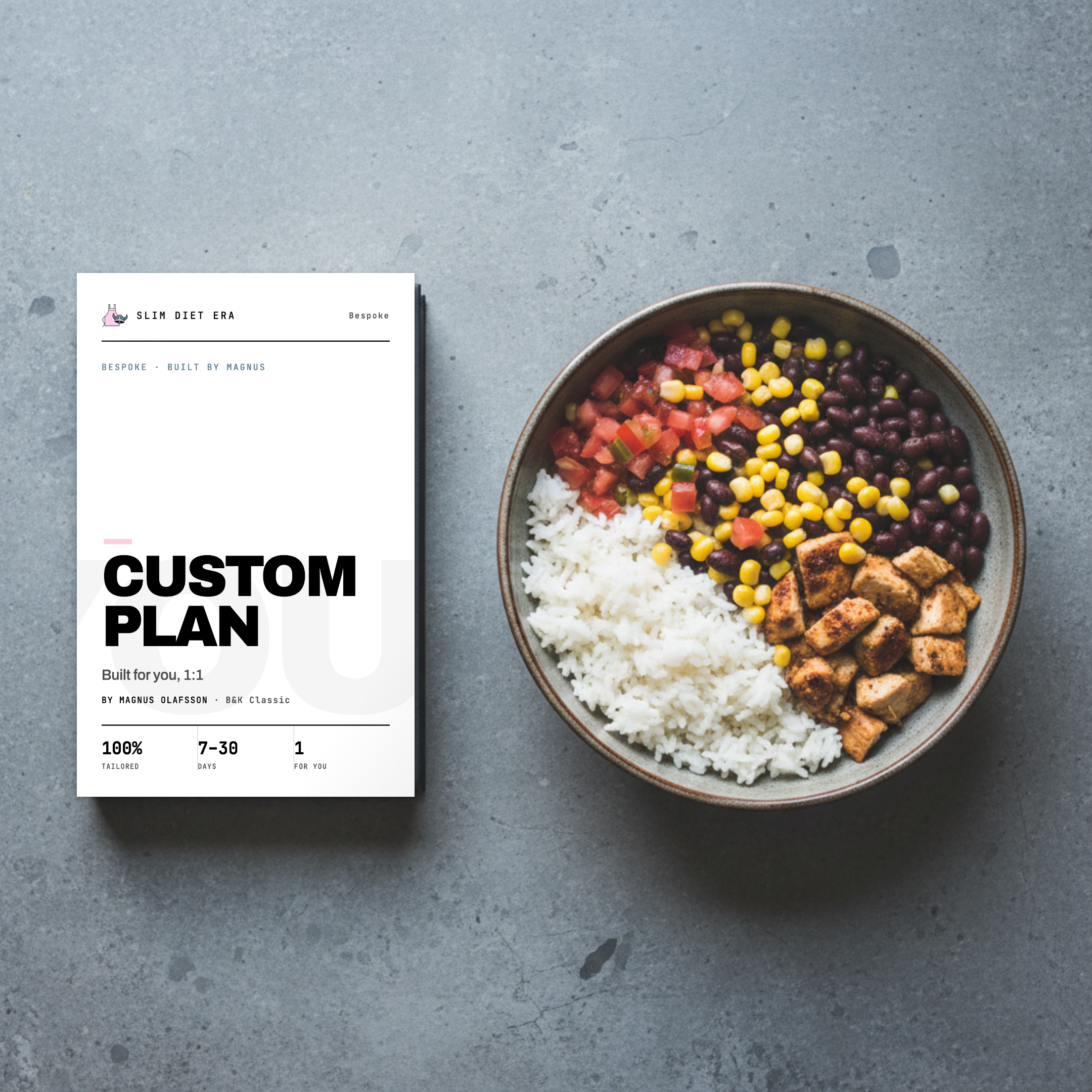 The custom plan shown as a printed Slim Diet Era booklet built by hand around one person's body, goal and kitchen