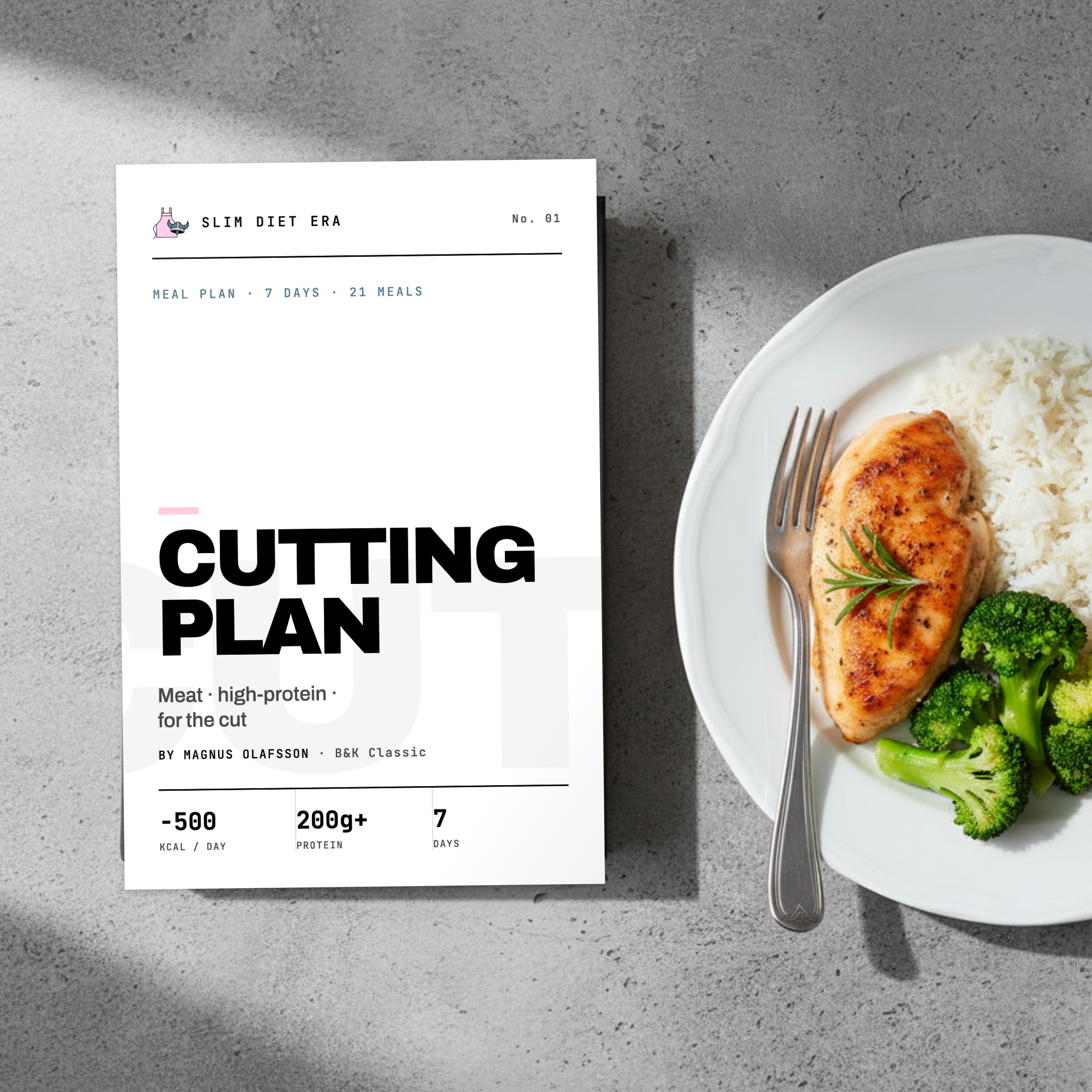 The Slim Diet Era 7-day cutting plan booklet beside a plated high-protein dinner