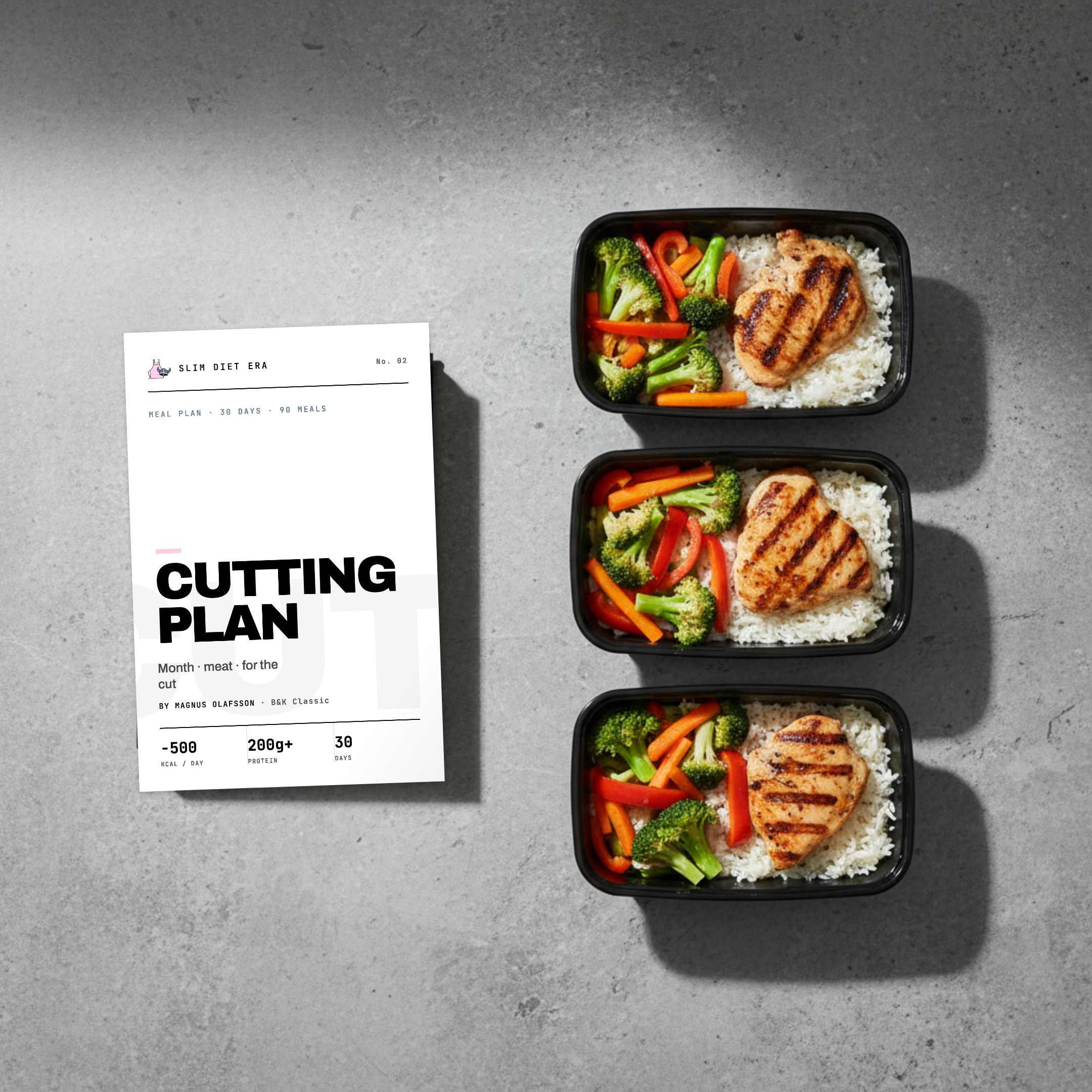 The Month Cutting plan shown as a printed Slim Diet Era booklet — a full month of cutting meals with macros inside