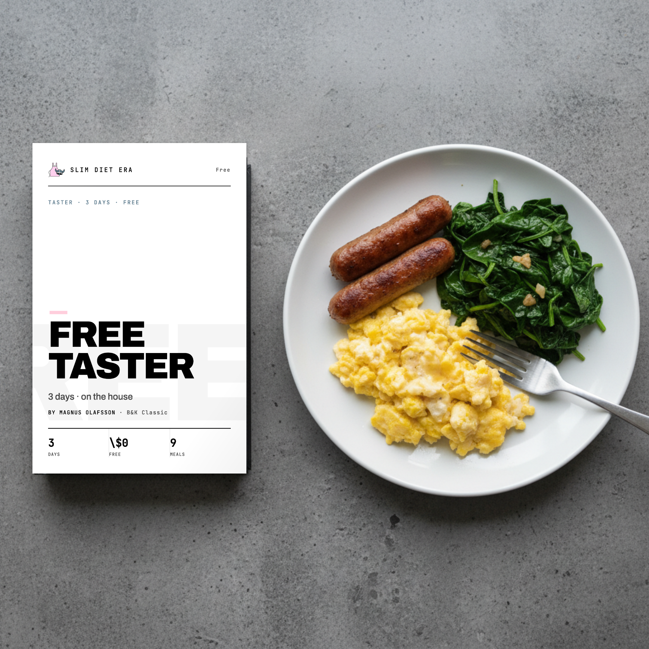 The free 3-day Get Fed taster plan shown as a printed Slim Diet Era booklet beside a plated high-protein meal