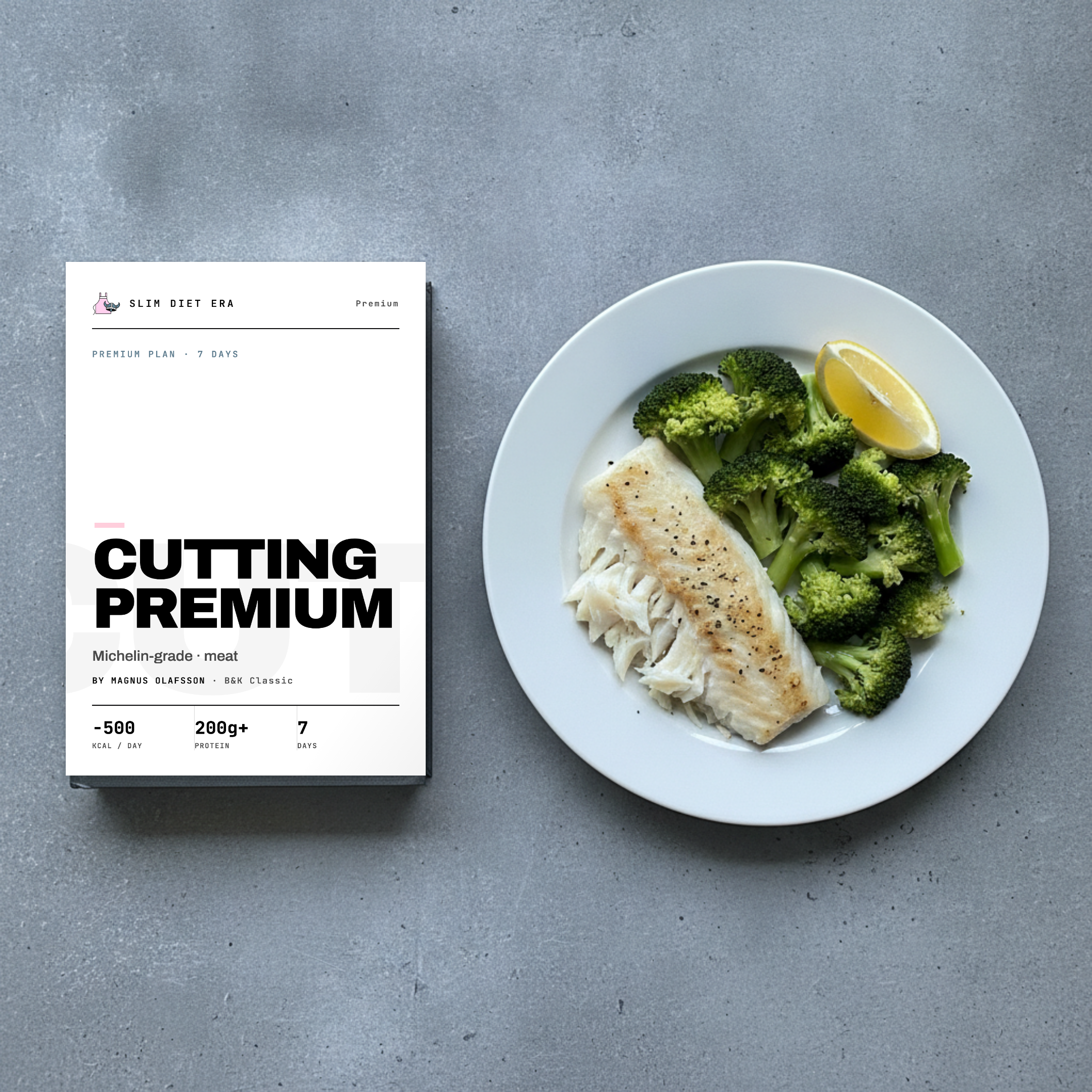 The Premium Cutting Week shown as a printed Slim Diet Era booklet with chef-grade ingredients and lean macros inside