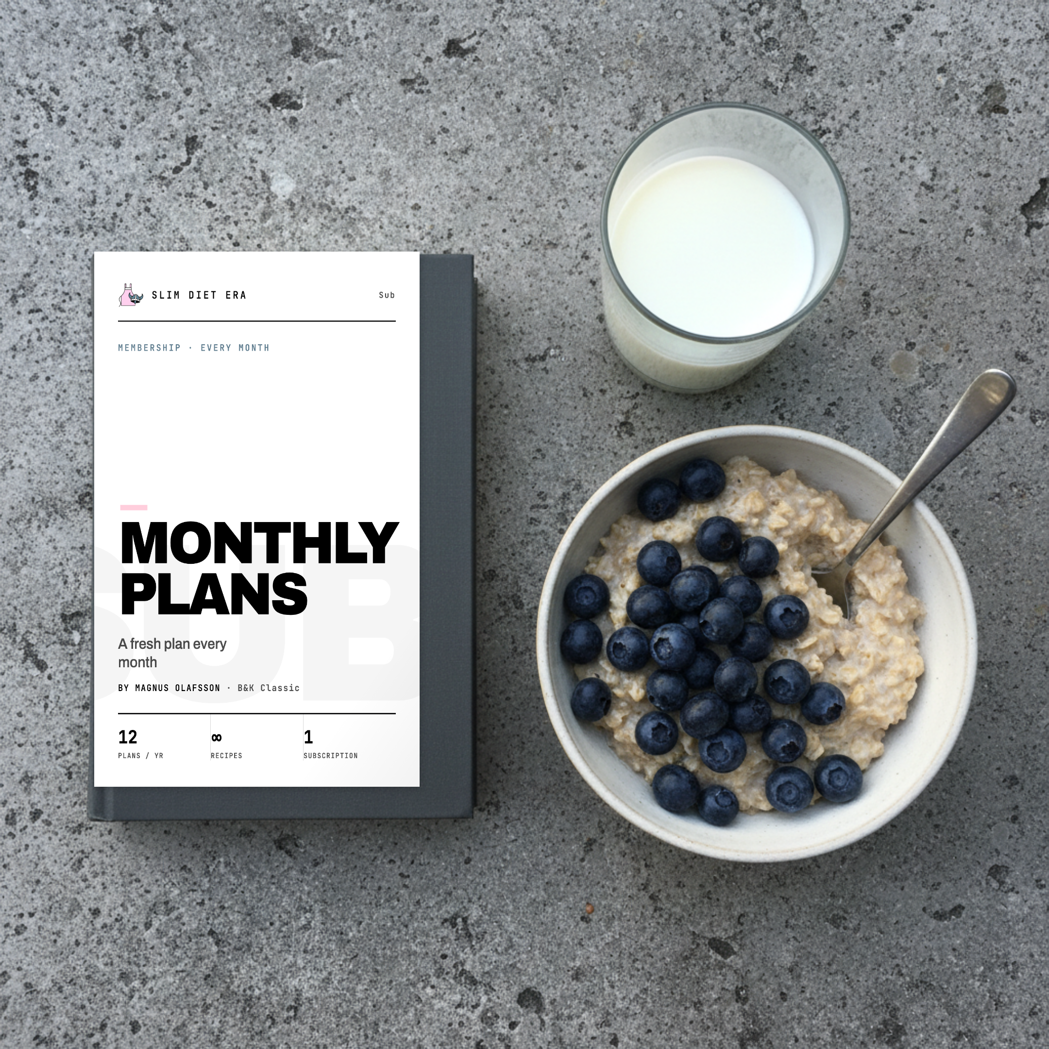 The monthly membership shown as a stack of fresh Slim Diet Era plan booklets, a new one arriving each month