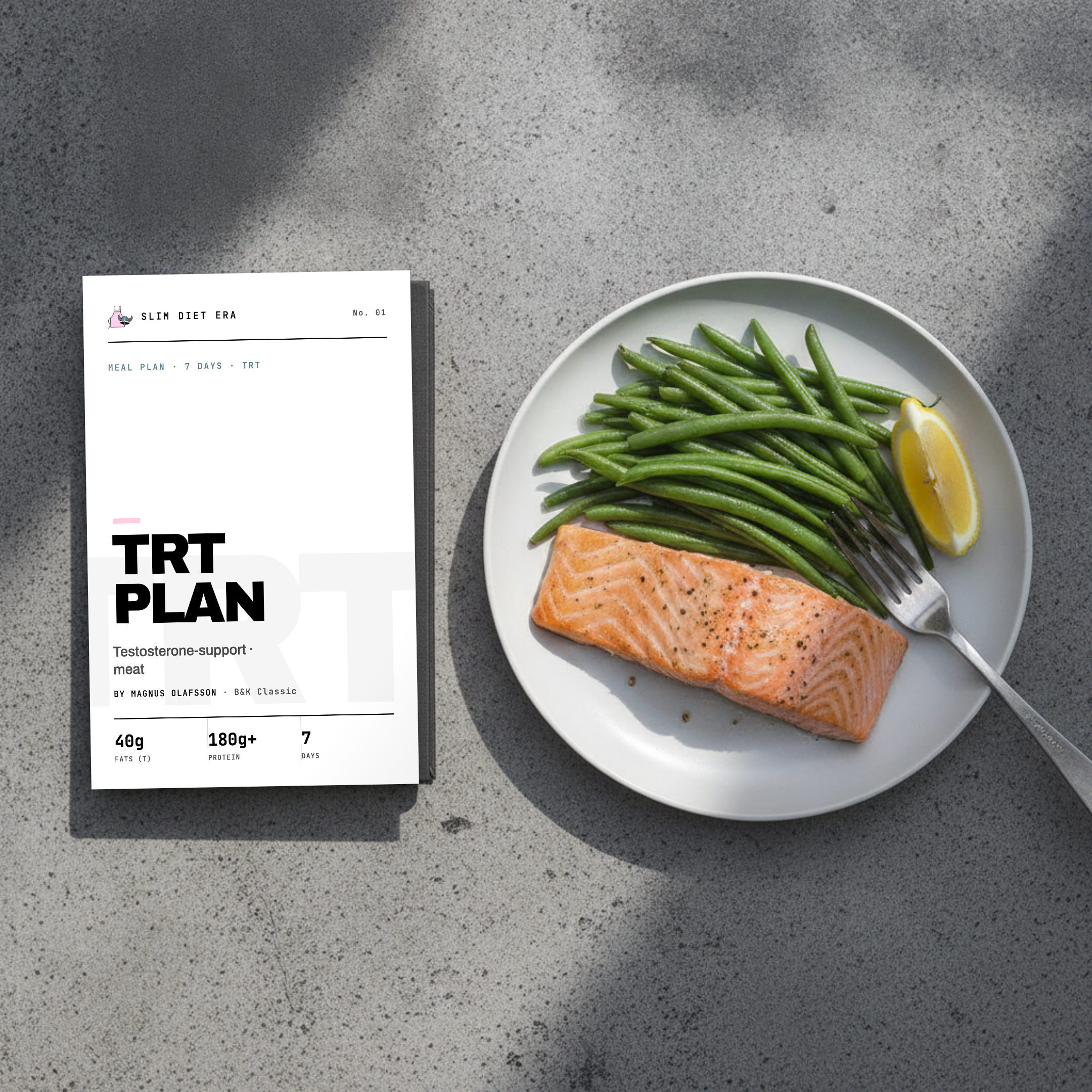 The 1-Week TRT Support plan shown as a printed Slim Diet Era booklet beside a high-protein recomp meal
