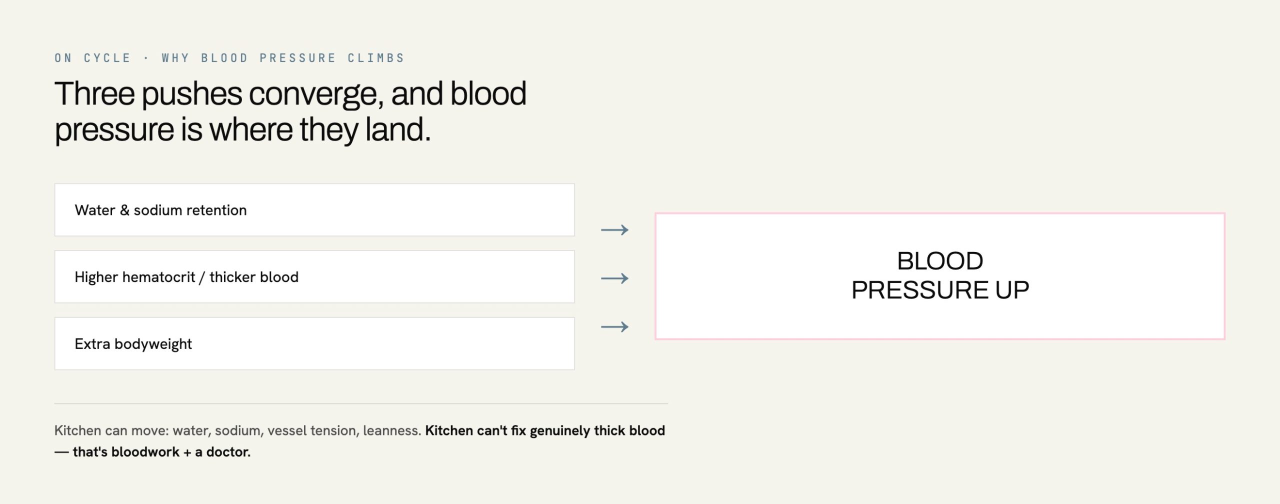 Diagram showing why blood pressure climbs on cycle from water retention, thicker blood and extra bodyweight
